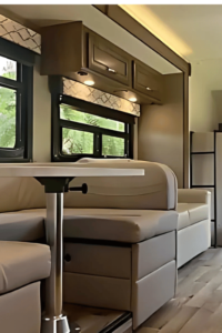 Inviting dining area with ample seating in a motorhome.